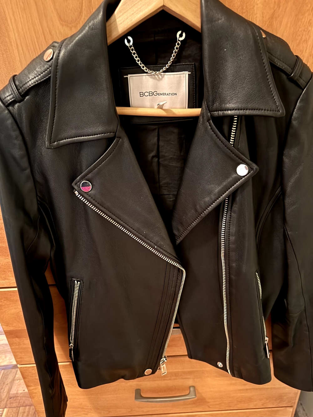 BCBG Black Leather Moto Jacket with Silver Hardware